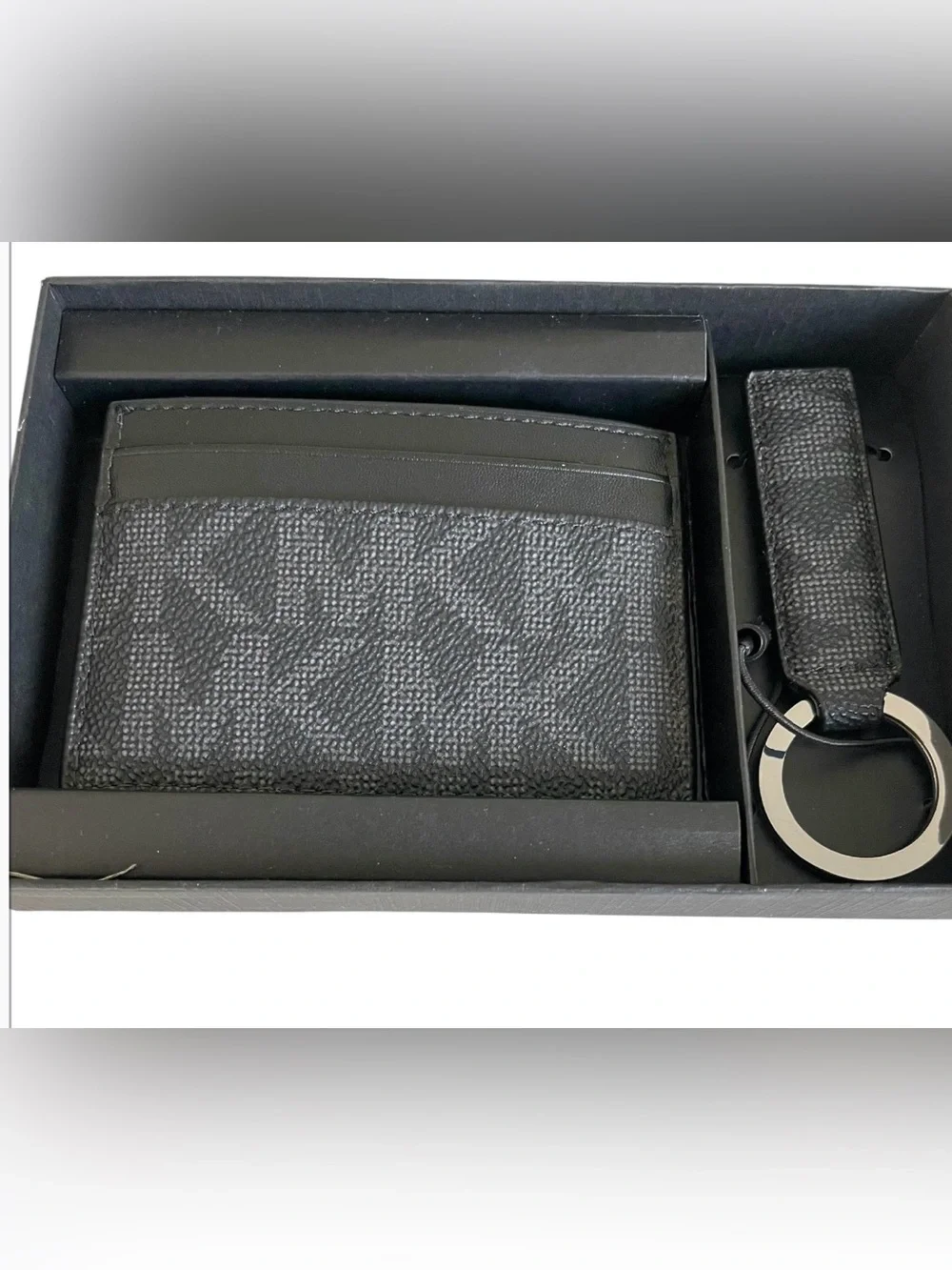 Michael Kors Black Logo Card Case Wallet & Key Fob Gift Set Boxed MSRP $98